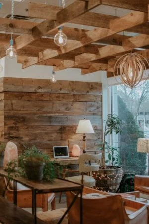 a stylish room with mostly wooden interior